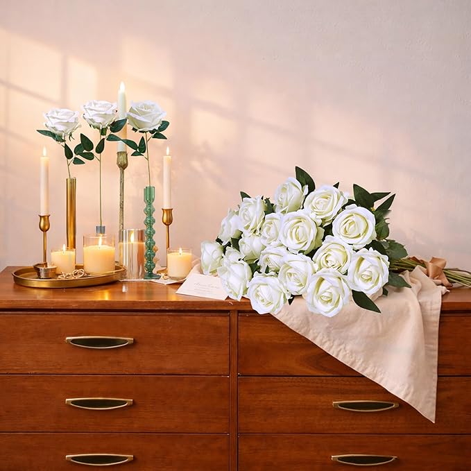 50 PCS Ivory Roses Artificial Flowers, Fake Roses with Stem Realistic Silk Roses for DIY Wedding Bouquets Tables Centerpieces Arrangements Baby Shower Birthday Home Decor Valentine's Day Gift for Her