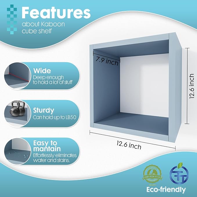 Kaboon Cube Floating Shelves Set2, Display Shelves Wall Mount 7.75" D x 12.5" W x 12.5" H, (Greylish Blue, Square 2 Cubes)