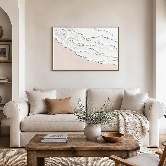 SAFERRYHOME Abstract Wave Textured Hand Painted Wall Art, 36"x24" Framed | Large Beach Texture Framed Canvas Wall Decor, Modern Sea Painting Neutral Landscape Artwork for Home Office Living Room