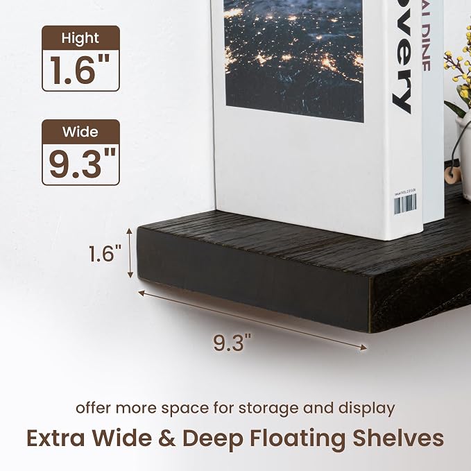 fuqing Floating Shelves for Wall - 24 Inch Wood Wall Shelves Set of 2-24 Inch Wide x 9.3 Inch Deep Natural Floating Wood Shelves with Upgraded Metal Brackets for Room