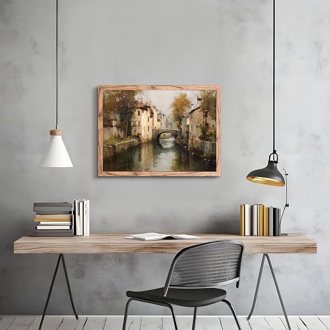 KBBYT Large Framed Wall Art European Canal Landscape Poster Canvas Print Vintage Rustic Farmhouse Painting Pictures Wall Decor Aesthetics for Living Room Apartment Decoration 24x36inch Wood Framed