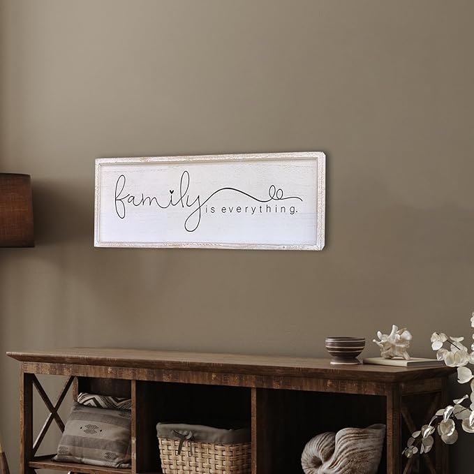 Family is Everything Wall Decor 40"x15" Living Room Large Warm Wood Framed Farmhouse Vintage Sign Home Beautiful And Simple Ready To Hang Hallway Entryway Wall Art Decoration (White)