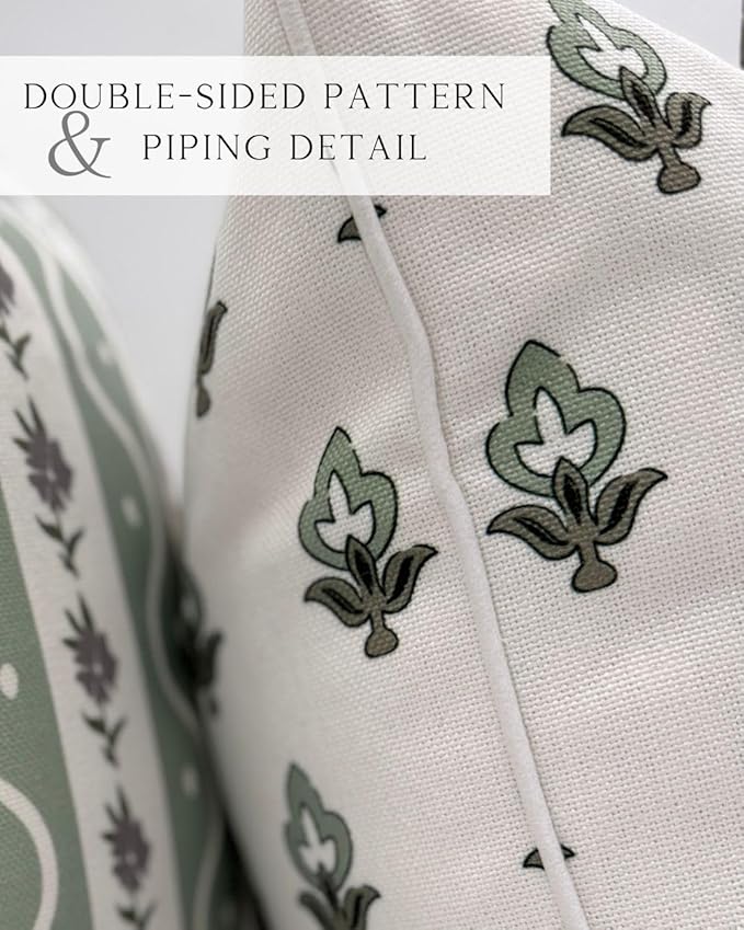 Jillien Harbor “The Poppy” Floral Block Print Pillow Cover – Green Leaf Decorative Festive Throw Pillow Cover with White Background – Grandmillennial Home Decor, 20" x 20"