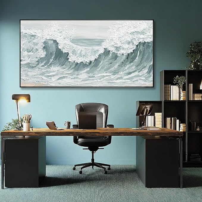 Sea Wave Abstract Light Green Wall Art for Living Room Artwork Canvas Art Wall Decor Painting Print Picture for Bedroom Office Hotel Home Decoration 24"x48"With Framed