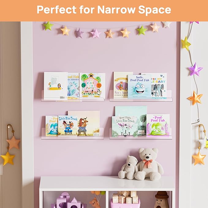 upsimples Acrylic Shelves for Bathroom Storage, 15" Floating Shelves Wall Organizer for Perfume, Make up, Skincare, Kids Bookshelf for Bedroom, Nursery, Living Room Decor, Clear, 4 Pack