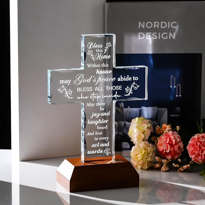 Ornalrist Housewarming Gifts New Home Glass Stand Cross Religious Keepsake with Multicolor LED Wooden Base, House Warming Gift for Couples, Women, Men - Christian Families Decor