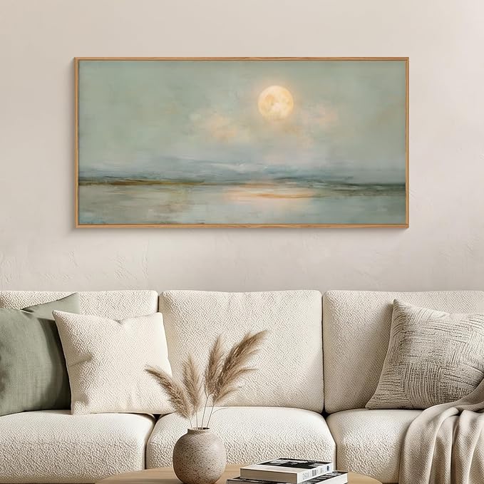 LHIUEM Large Abstract Moon Green Framed Canvas Wall Art Set,Minimalist Beige Gray Wall Decor, Nature Lake Landscape Art Painting for Living Room,Bedroom,Dining Room,Office - 20"x40"x1