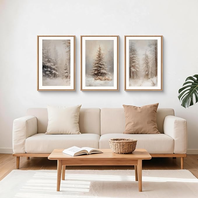 Vintage Christmas Tree Snowy Woodland Framed Canvas Wall Art Set,Modern Rustic Frosty Winter Landscape Wall Decor,Natural Snow Covered Pine Forest Artwork for Xmas Bedroom,Farmhouse-16 x24 x3