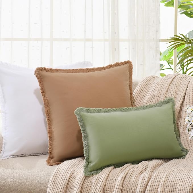ZWJD Pillow Covers 18x18 Set of 2 Camel Throw Pillow Covers with Fringe Chic Cotton Decorative Pillows Square Cushion Covers for Sofa Couch Bed Living Room Farmhouse Boho Decor