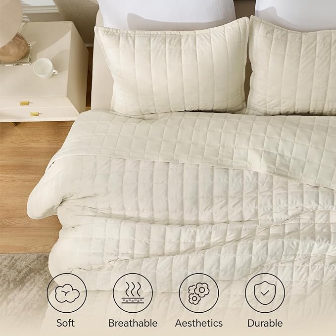 BEDELITE Velvet Quilt Set Oversized California King - Luxury Soft Velvet Comforter Bedding Set for All Season, Lightweight Quilted Box Stitch Oversized Bedspread Coverlet with 2 Matching Shams, Cream
