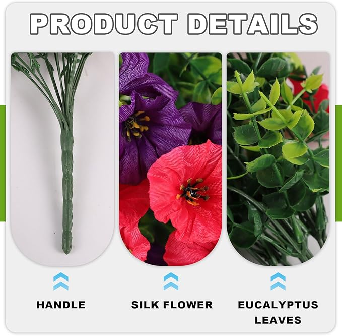 Fake Artificial Hanging Morning Glory Flowers for Outdoor Planters Porch Pation Decoration,2 Bundles UV Resistant Silk Faux Flowers with Realistic Eucalyptus Plants for Home Office Garden Decor