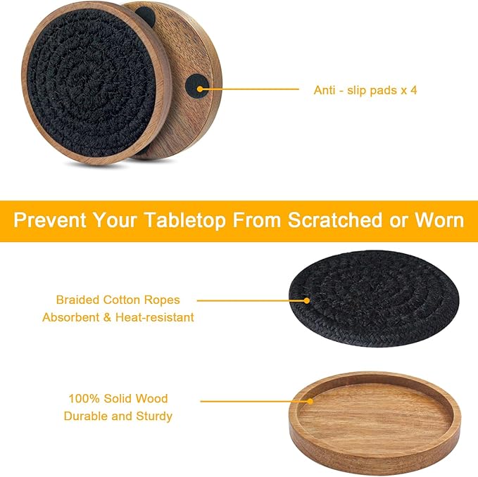 Eykao Drink Coasters Set of 5, Coasters for Drinks Absorbent, Wood Coasters for Coffee Table, Housewarming Gift for Farmhouse Home Decor,4 inches (Black)