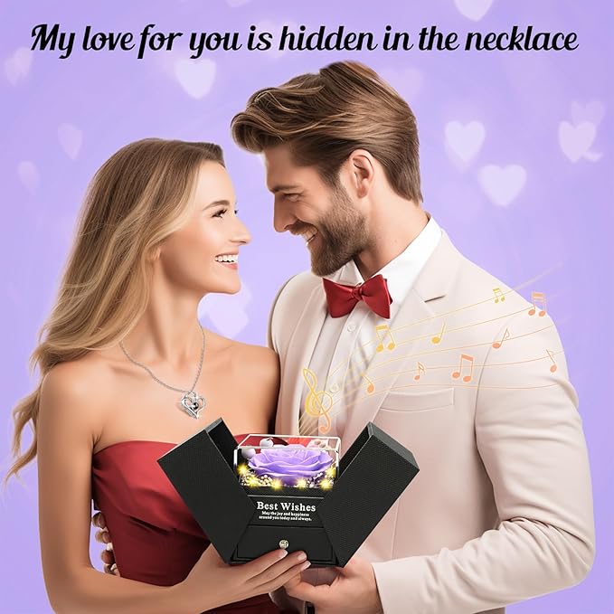 Pasuvsigt Mothers Day Mom Birthday Gifts for Women, Preserved Real Rose with I Love You Heart 100-Language Necklace, LED Lights & Music Box, Anniversary for Women Girlfriend Mom