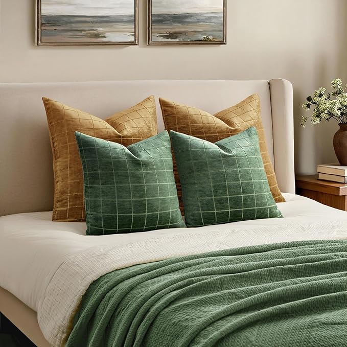 MIULEE Decorative Chenille Check Euro Shams Throw Pillow Covers Vintage Plaid Couch Pillows 24x24 Inch Set of 2 Neutral Boho Cushions Modern Spring Home Decor for Sofa Bed Living Room Moss Green