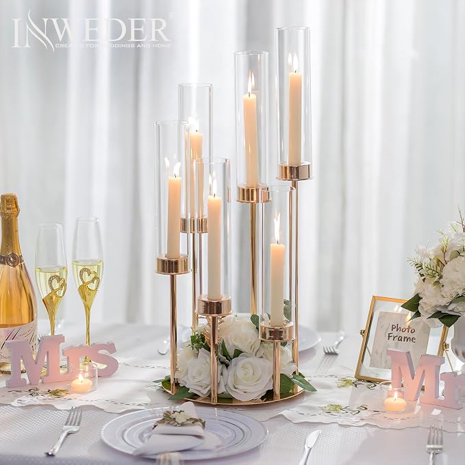 Hurricane Glass Taper Candle Holders: 6 Arm Gold Candelabra Candlestick Holders 24" Tall Candle Holder Candlestick Hurricane Large Gold Candle Holders with Removable Glass Cover Wedding Party Home
