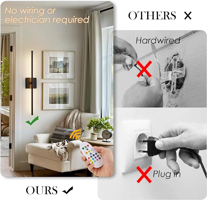 KARTOOSH 32.2 Inch Battery Operated Wall Sconces Wireless Set of 2, Black | RGB Wall Lamps, 3 Color Temps, Remote Control, Dimmable Rotatable, LED Wall Lights for Living Room Bedroom