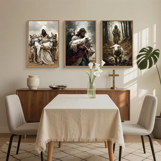 KAIRNE Jesus and Lamb Framed Canvas Wall Art Set,Vintage Christian Wolf Wall Decor,Modern Religious Faith Art Prints,Retro Bible Forest Artwork for Living Room,Bedroom,Church,Office-24 x36 x3