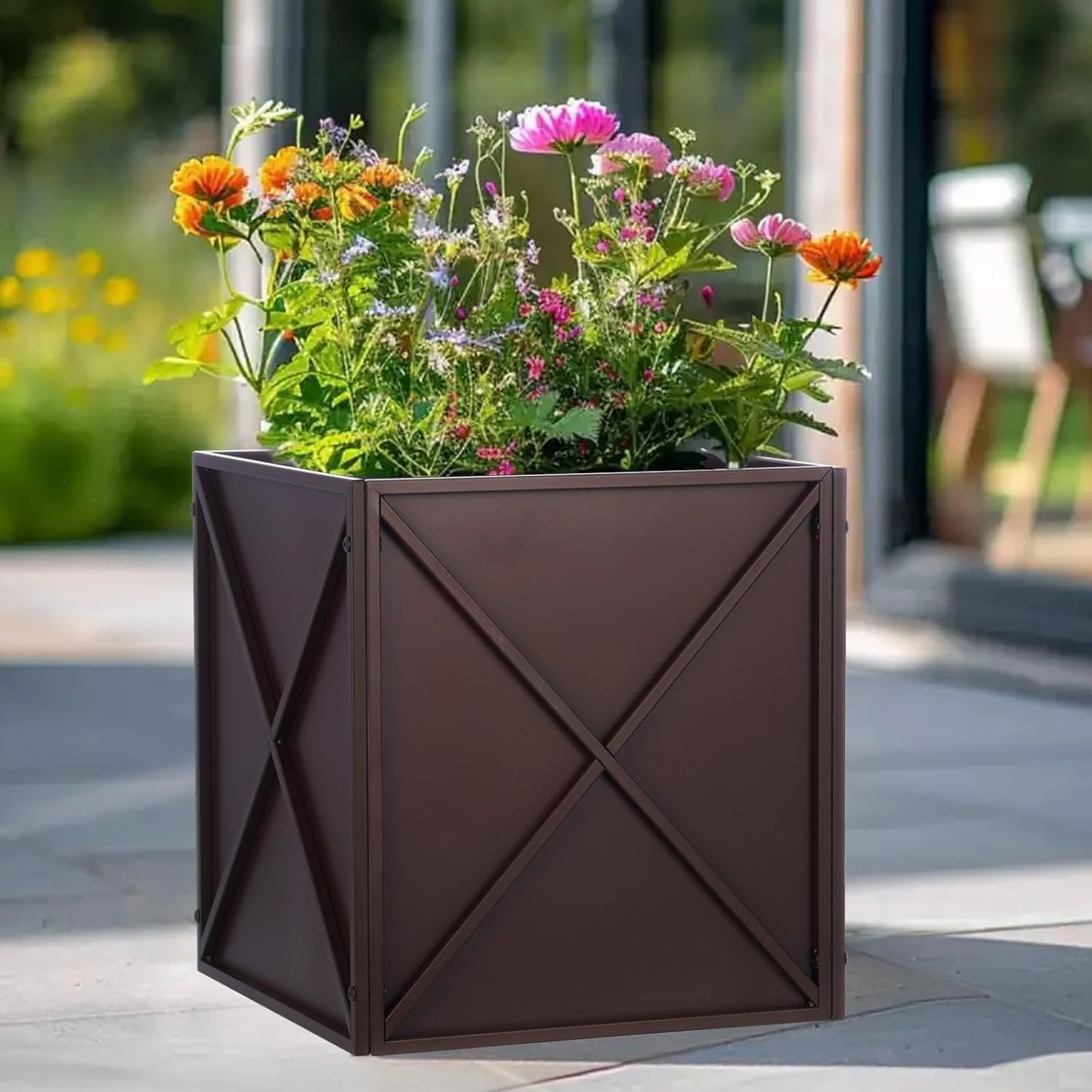 SUNNYPARK Large Metal Planter Box 17”x 17”x 18”, Square Modern Brown Metal Planter Box Heavy Duty with Drainage Holes for Outdoor Garden Patio