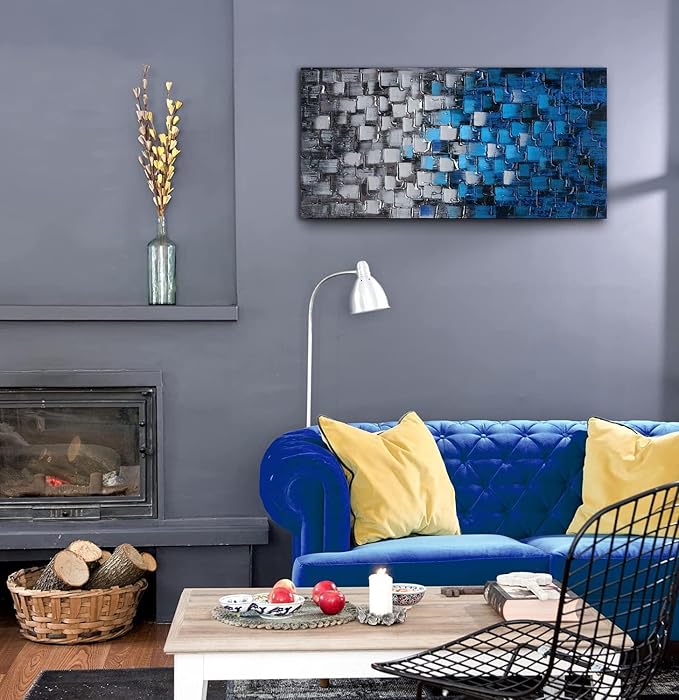 Textured Abstract Squares Canvas Wall Art Modern Dark Blue and Silver Oil Painting 100% Hand Painted 3D Effect Artwork Frame Ready to Hang Decor for Home and Office 40x20inch