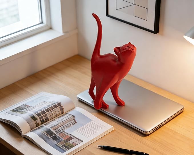 Red Cat Statue Modern Abstract, Home Office Shelf Decor, 7-Inch Vibrant Assorted Colors, Easy to Match Any Decor Style
