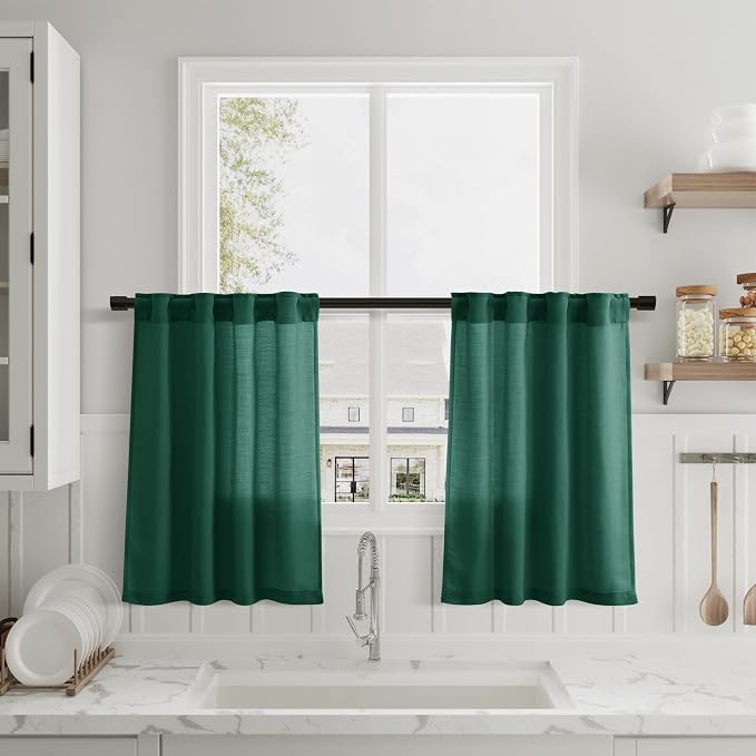 Nanspring Dark Green Linen Cafe Curtains Linen Kitchen Curtain 24 Inch Length 2 Panels Semi Light Filtering Short Tier Drape with Back Tab Rod Pocket for Small Windows Cafe Bathroom Over Sink 26Wx24L