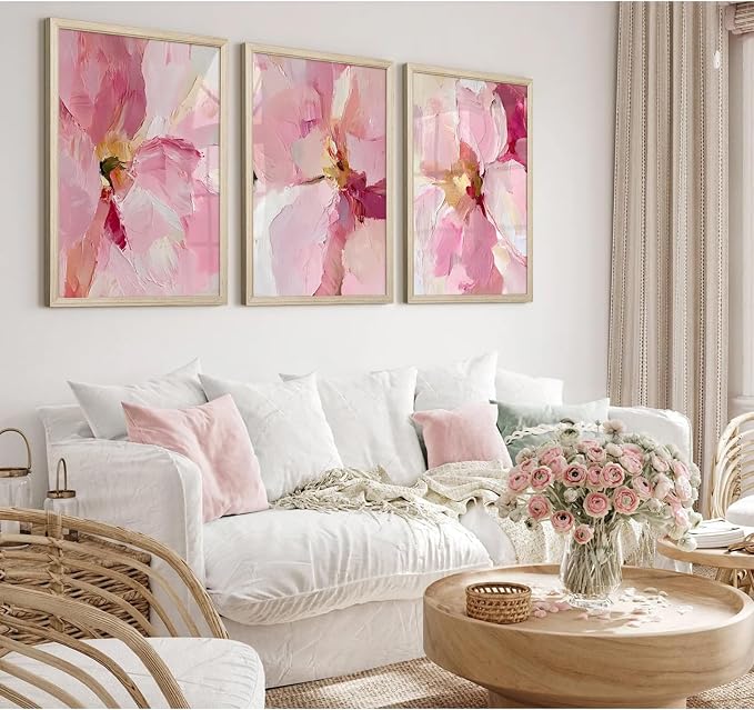 Abstract Floral Wall Art Pink Flower Canvas Pictures Modern Wall Decor Blush Pastel Pink Prints Peony Painting Minimalist Poster Botanical Artwork for Bedroom Living Room 24x36x3 Inch Wood Framed