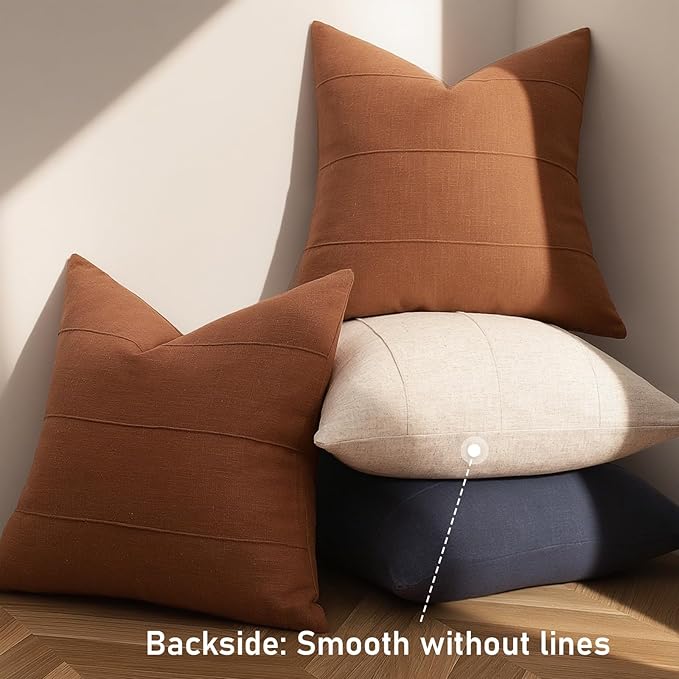 Decorative Linen Throw Fall Pillow Covers 24x24 Set of 2 Solid handcrafted Striped Cushion Covers for Bed Soft Modern Farmhouse Neutral Pillowcase for Couch Bedroom Living Room Home Fall Decor(Rust)