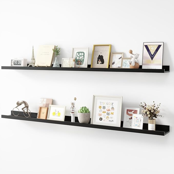 Acovy Picture Ledge Shelf, Wood Long Floating, Set of 2, 56 inch, Black | Wall Mounted, For Living Room Kids' Room Bedroom, Photo Ledge Nursery Book Shelves