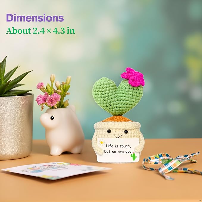 Get Well Gifts for Women, Handmade Crochet Cactus – Plush Plant Gift with Encouragement Card for Desk Decor, Home or Office Decoration