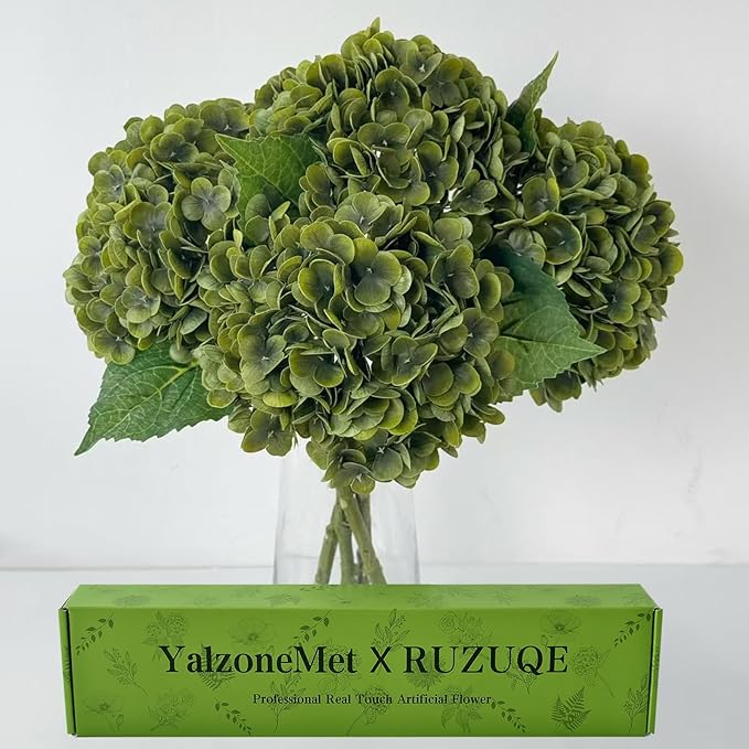 YalzoneMet 4Pcs Dark Green Real Touch Hydrangea Artificial Flowers 21'' Faux Latex Hydrangea Flowers for Fall Table Centerpieces Fake Flowers for Home Kitchen Living Room Boho Decor