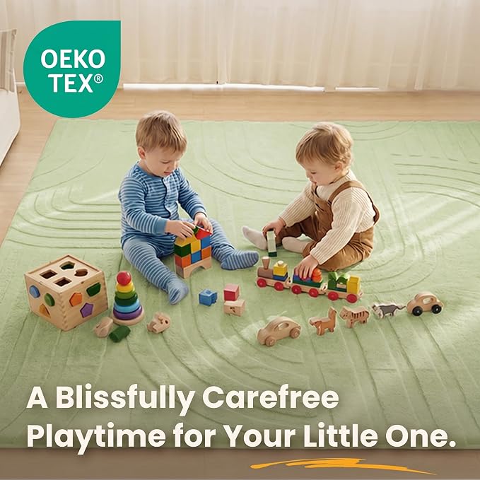 1.3" Thick Fluffy Baby Play Mat for Floor,Elasti Foam Padded Area Rug for Living Room Bedroom,Ultra Soft 3D Carved Kids Rug,Non-Slip Nursery Crawling Mat for Toddlers,4’x6’ Playroom Carpet(Sage Green)