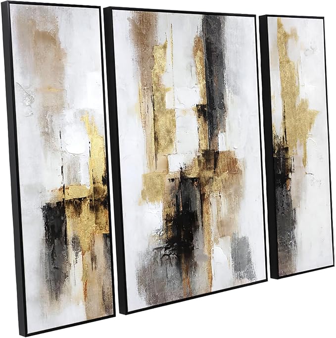 3-Piece Black & Gold Abstract Wall Art - Modern Textured Canvas Prints with Hand-Applied Brush Strokes, Large Wall Decor for Living Room, Bedroom, or Office, 2 x 12 x 36 and 1 x 24 x 36 Inches