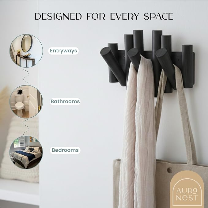 Bamboo Piano Coat Rack Wall Mount Set of 2, Flip Down Retractable Wooden Hooks for Entryway Hallway Mudroom | Matte Black Multi Hook Wall Hanger, 2-Pack 3 Hooks Organizer