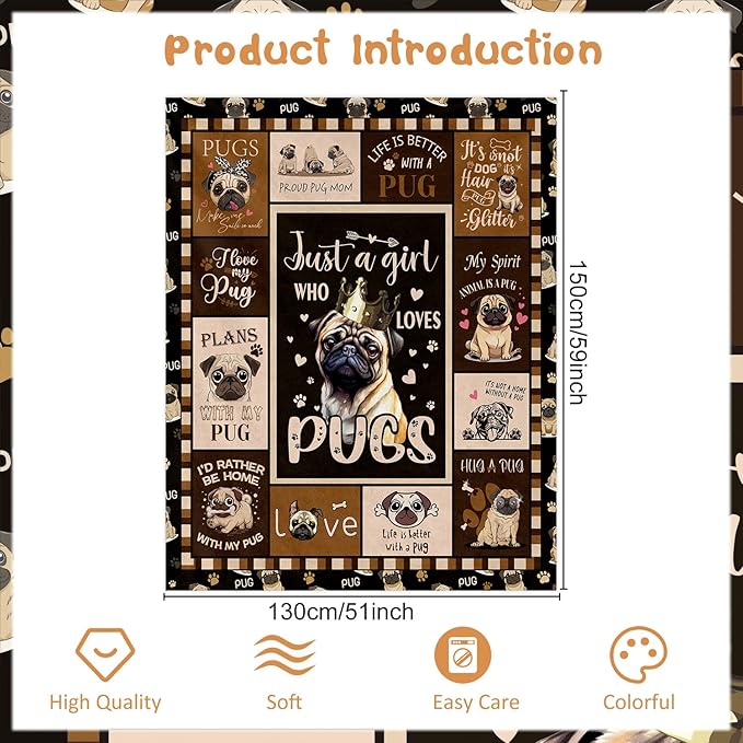 Wxiben Pug Throw Blanket Gifts - Cartoon Pug Gifts for Women Pugs Lovers Puppy Gifts for Boys Girls Pugs Dog Owners Soft Flannel Blanket for Home Christmas Sofa Couch Bed Decor 60 x 50 Inches
