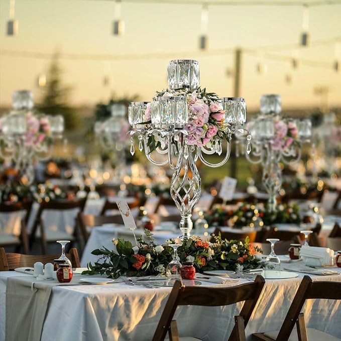 23.2 inch Tall Elegant and Chic 5 Arm Pendant Crystal Candlestick Holder Table Decoration tealight Candle Holder, Candelabra for Gorgeous Wedding/Parties Table Centerpiece (4, Silver)