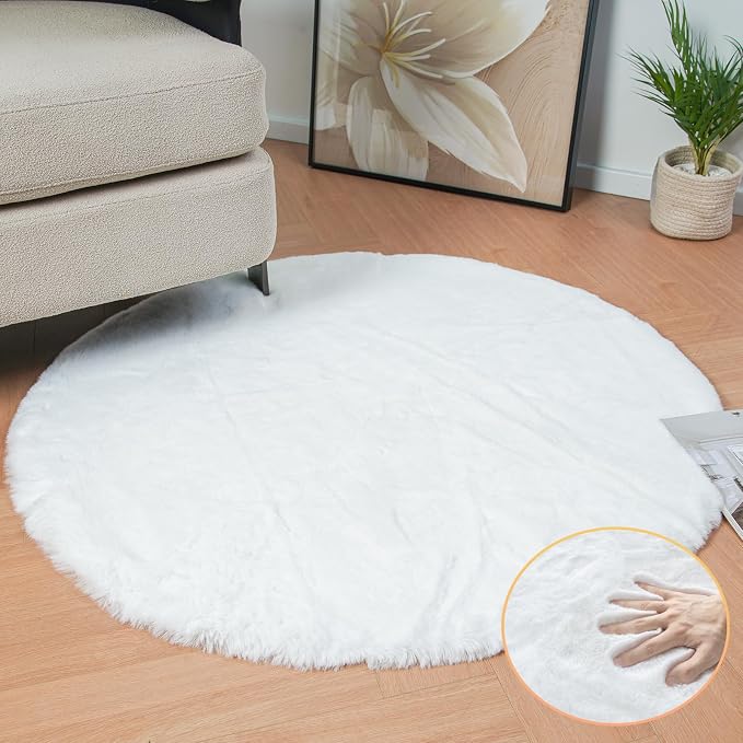 ORINOVA White Faux Rabbit Washable Fur Area Rugs Circle Rugs for Living Room Bedroom Teen Room Fluffy Area Rug 3ft Round Rug