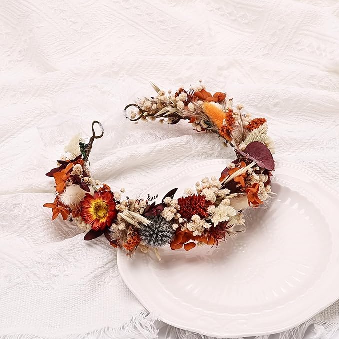 Preserved Natural Dried Flower Crown, Rustic Wedding Wreath Headband, Burnt Orange Terracotta Cream Floral Hair Garland for Brides, Bridesmaids, Flower Girls