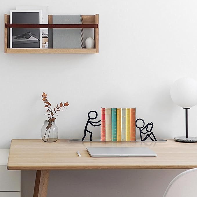 Bookends Decorative Metal Unique Office Desk Bookends Cute Book Ends Reading Decor Bookshelf Decor for Office School Library Bedroom, Book Lovers Gift