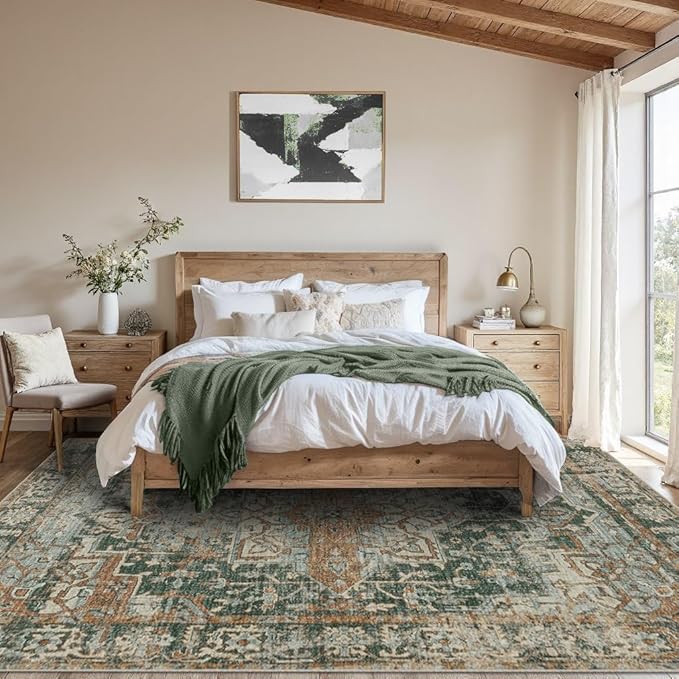 Rugxara 8x10 Area Rugs for Living Room Bedroom, Large Washable Rug, Green Vintage Retro Boho Rug, Non Slip & Low Pile Faux Wool Thin Carpet for Indoor Dining Room and Kids Room(Green/Brown 8x10ft)