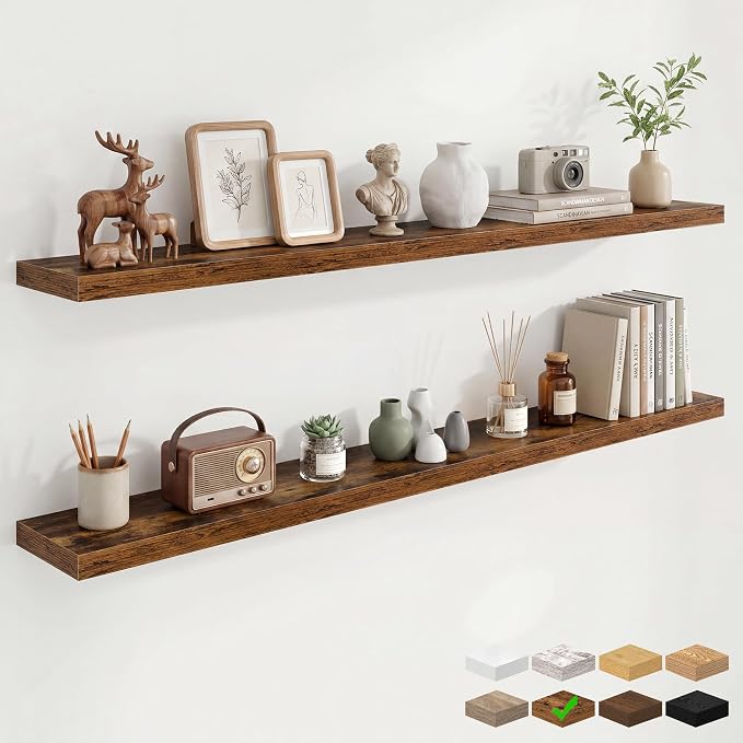 Marsmiles 55in Floating Shelves for Wall, 72" W x 9.25" D x 1.5" H, Long Wall Mounted Engineered Wood Shelves with Invisible Brackets for Living Room, Bedroom, Bathroom, Kitchen, Rustic Brown, 2Pcs