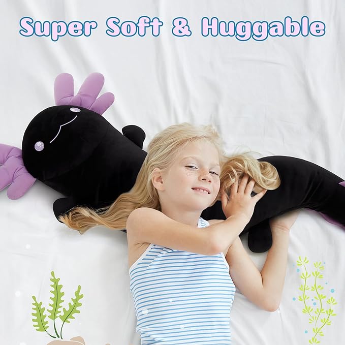 Tezituor Black Axolotl Stuffed Animal 48 inch Glow-in-Dark Plush Toy Body Pillow for Kids Adults Girls 6-12, 4ft Large Stuffed Salamander Axolotl Lovers Gifts Halloween Christmas Valentine's Day