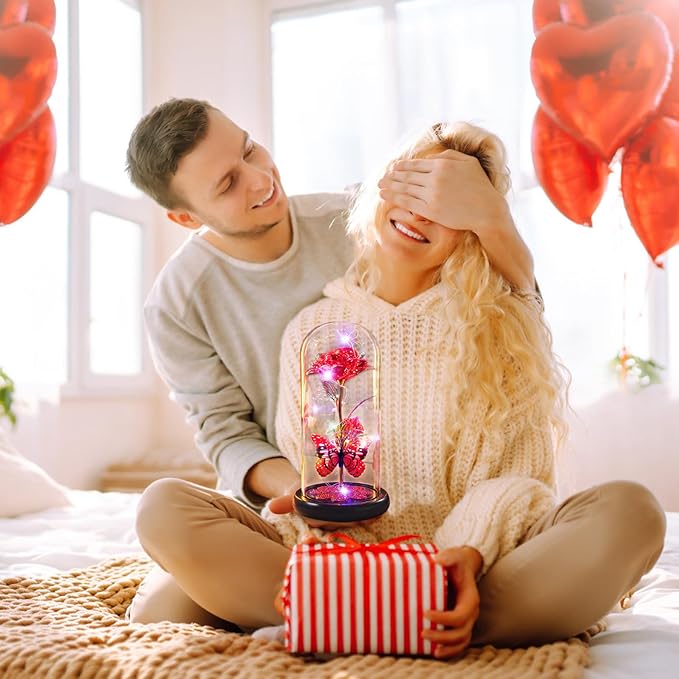 Mothers Day Rose Gifts for Mom Birthday Gift for Women Galaxy Glass Rose in Glass Dome Forever Eternal Crystal Roses with Butterfly Mother's Day Flower Gifts for Women Wife Grandma Daughter Sister Red