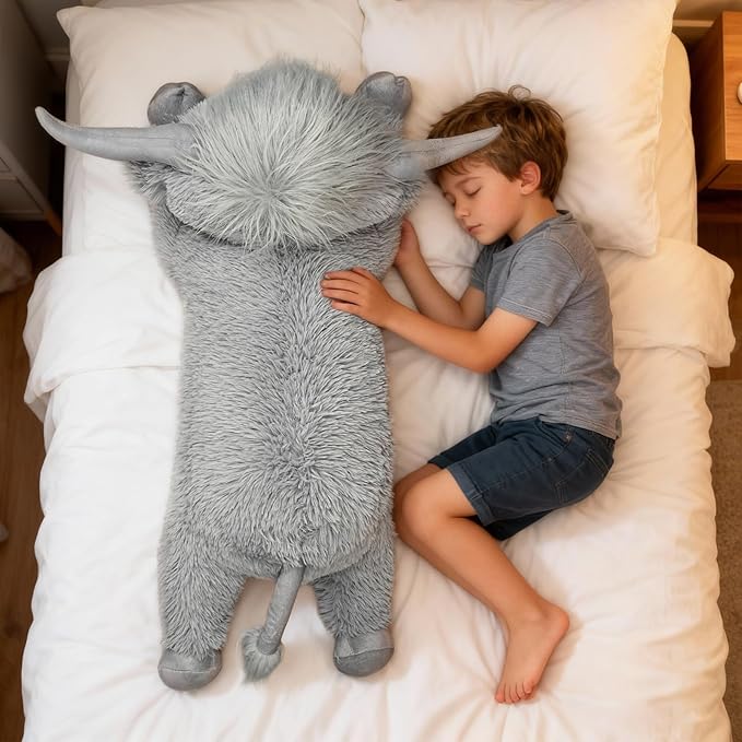 WDXDSOB 38.5 Inch Grey Giant Highland Cow Plush Stuffed Animal - Large Cow Pillow Gift for Kids and Adults, Couch & Bed Decor