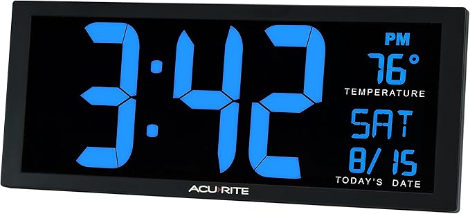 AcuRite 75152M Oversized Blue LED Clock with Indoor Temperature, Date and Fold-Out Stand, 14.5-Inch / Blue