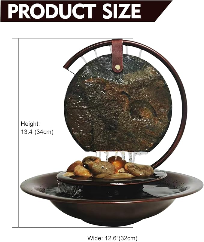 Pamopamo Indoor Tabletop Waterfall Moon Fountain, Home Décor Soothing Rain Sound Meditation Relaxing Fountains, Nature Slate Water Feature with Light for Room Office Desktop Decoration-13 Tall