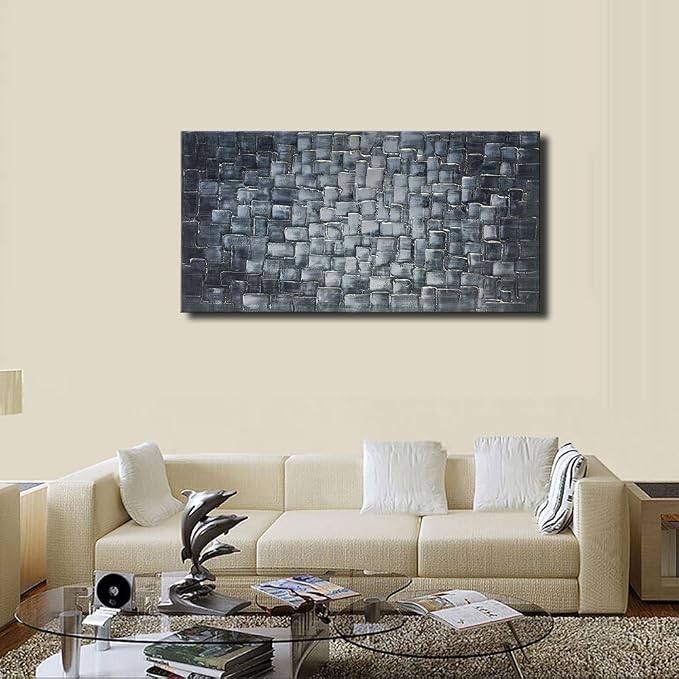 MyArton Large Abstract Silver Square Wall Art Hand Painted Modern Textured Oil Painting on Canvas Ready To Hang 60x30inch