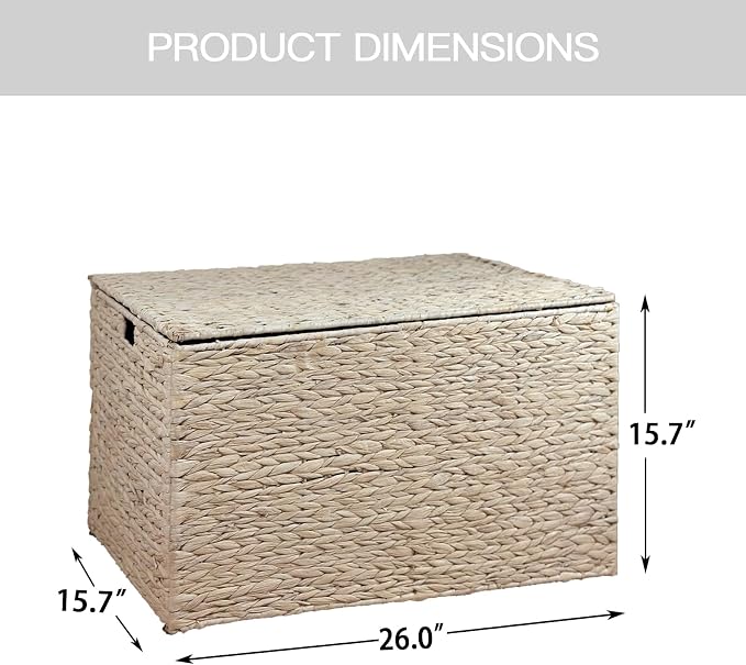 Water Hyacinth Storage Basket with Lid, 27.7 Gallon (105L), White | Large Blanket Storage Basket with Handles, Woven Storage Bin, Foldable, Metal Frame, for Bedroom, Laundry Room, Living Room