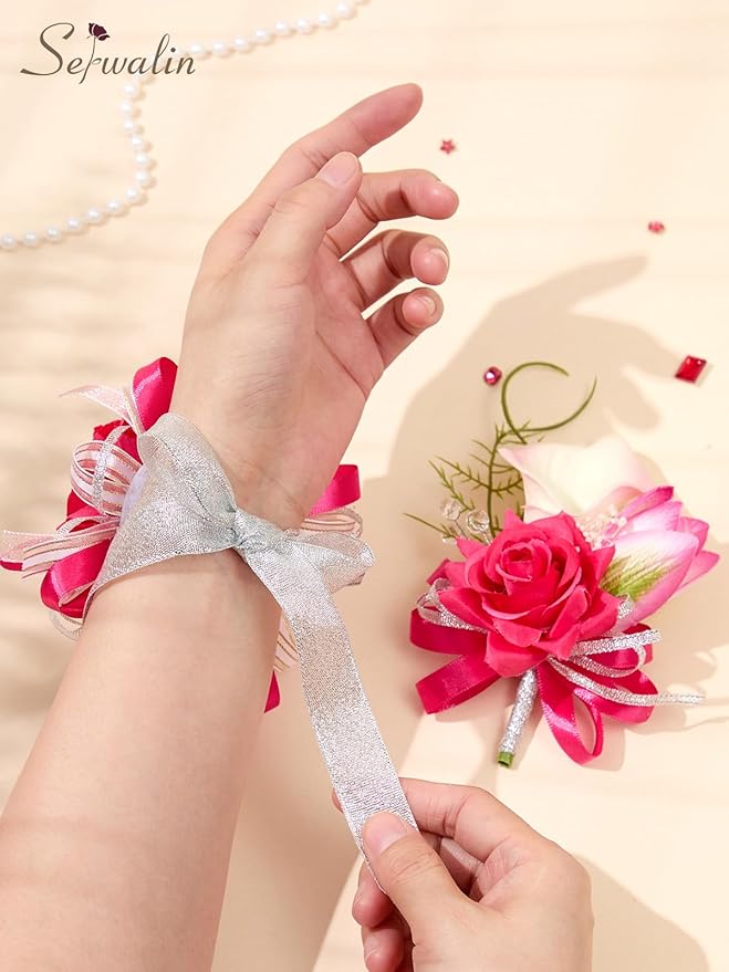 Serwalin Hot Pink Prom Corsage and Boutonniere Set, Artificial Calla Lily & Rose Wrist Corsage Wristlet for Homecoming, Formal Dance, Wedding Flowers Accessories Party Suit Decorations