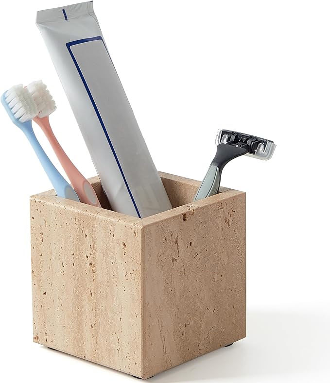 Real Luxurious Natural Marble Toothbrush Holder & Makeup Brush Organizer & Pen Holder for Desk,3.93inch Square Marble Utensil Holder Non-Ceramic/Non-Resin （Travertine）