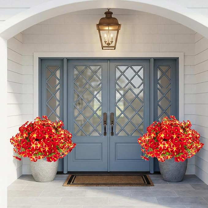 Daynight 32 Pcs Faux Petunias Artificial Flowers Plants for Outdoor Plant Decoration, UV Resistant Fake Petunias Realistic Silk Flowers for Porch Yard Garden Window Decor (32, Red)